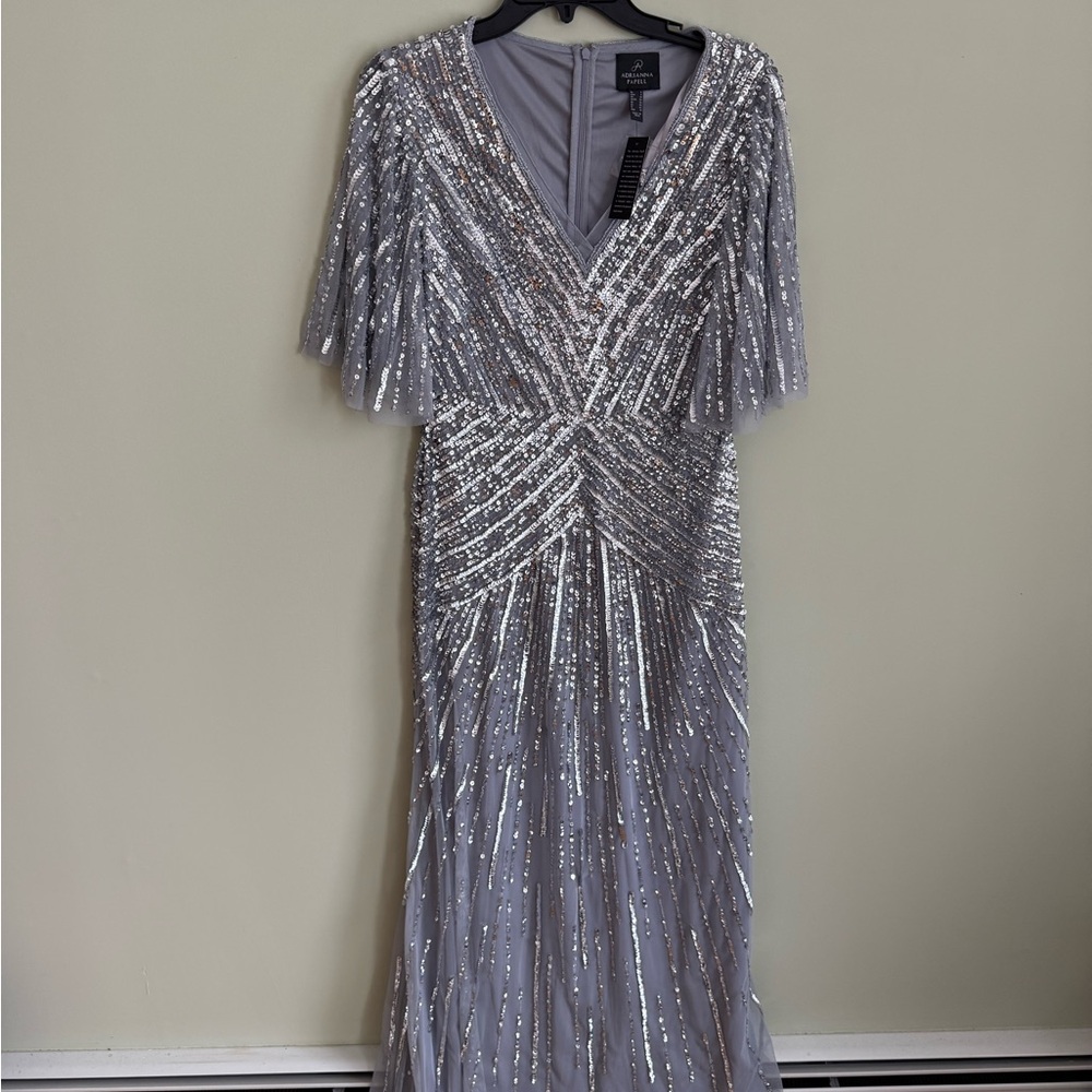 Adrianna Papell Silver Sequin Maxi Dress